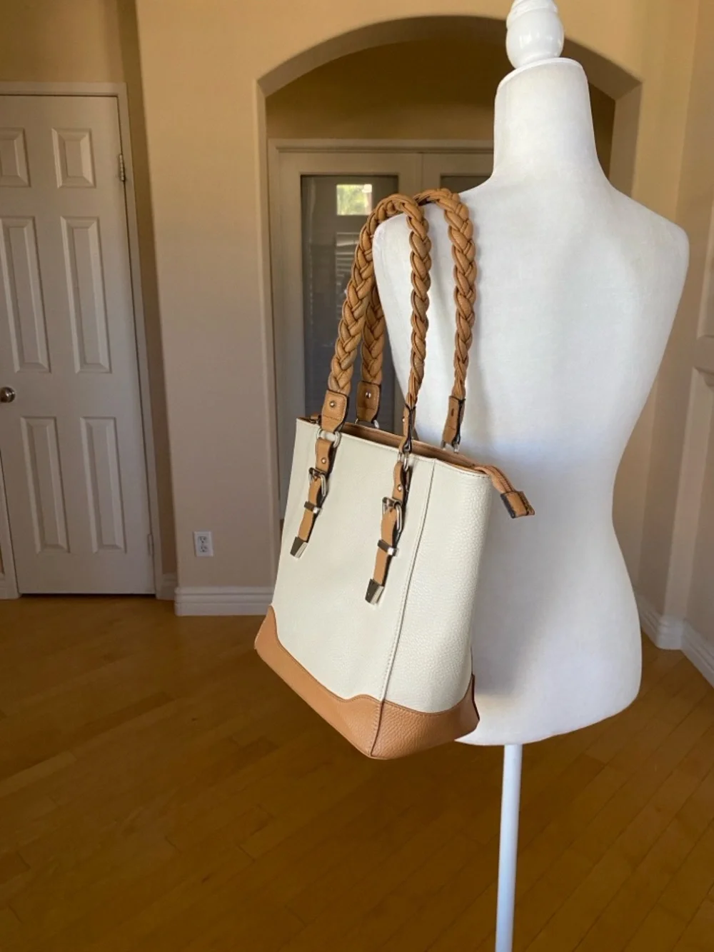 Cream Large Tote with Tan Braided Handles